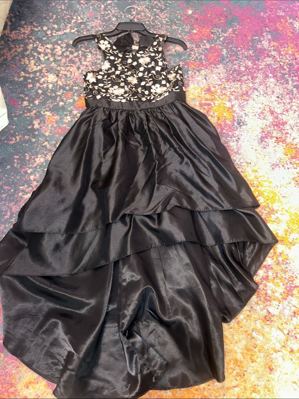 Macy's Black Satin High-Low Flower Appliqué Party Dress for Girls